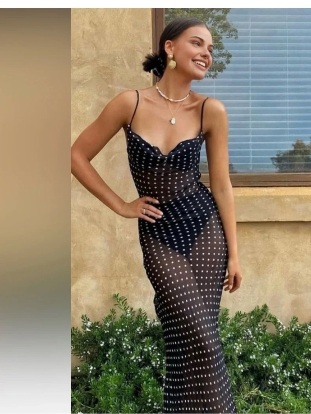 Commense Black with White Polka Dots Sheer Maxi Dress Cover Up